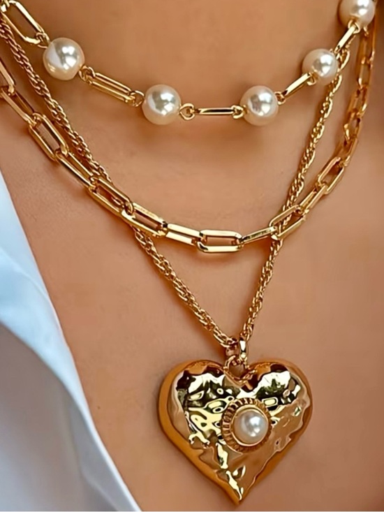 Big Jewlery Co Jewelry - Set Large Heart Statement Gold Layered Heart Pendant Pearl Chain Necklaces